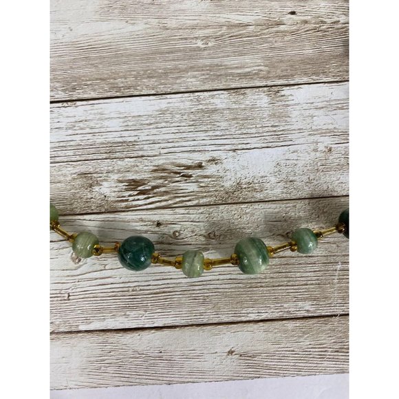 Bead Necklace 26 in No Clasp Green Natural Malachite W Amber Colored Spacer Vtg - Picture 2 of 11